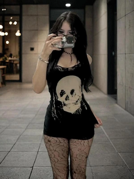 Women's Skull Print Contrast Lace Bodycon Cami Dress, Street - TikTok Shop