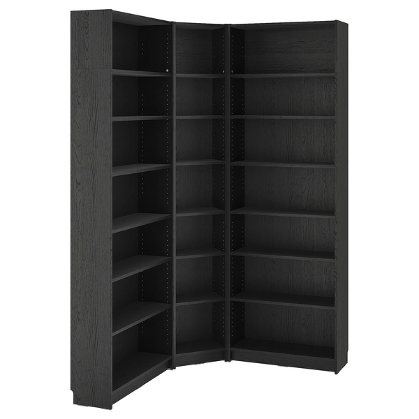 BILLY Bookcase corner comb w ext units - black oak effect 136/136x28x237 cm (53 1/2/53 1/2x11x93 1/4 ")