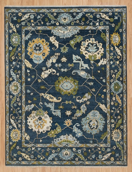 Handmade Contemporary Oushak Rug | Green Accent Handknotted Rug | Blue Wool Area Rug AR_3239