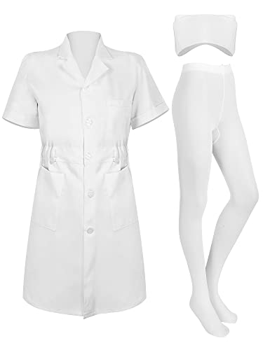 Nurse Set for Women White Short Sleeve Professional Medical Lab Coat Nurse Cap Solid Color Footed Pantyhose Costume - Classic Style - Small