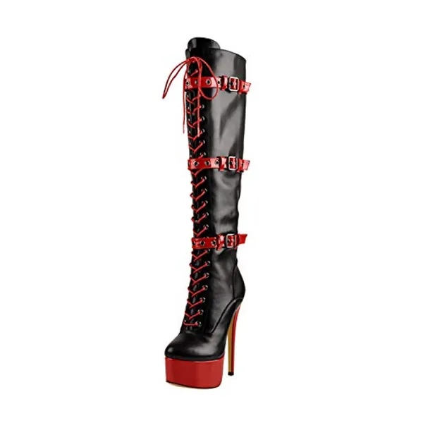 MissHeel Women's Knee High Platform Boots Lace-up Stiletto Winter Wearing Booties