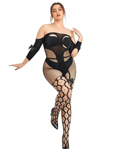 ohmydear Fishnet Bodysuit Sexy Plus Size Babydoll Nighties Stretchy Full Suspenders Tights Hollow-Out Mesh Ladies Sexy Lingerie Outfits Uk 8-24