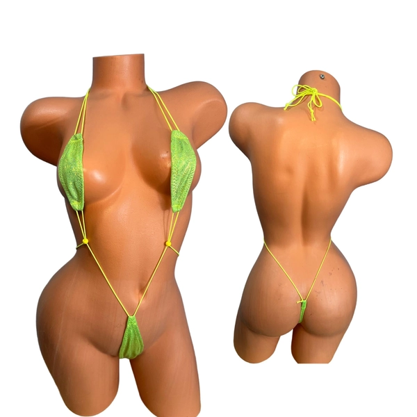 Micro Slingshot bikini adjustable lime green neon foil holographic, exotic dancewear, stripper, extreme bikini
