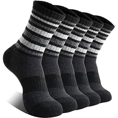 EBMORE Womens Merino Wool Hiking Socks Thermal Warm Winter Boot Crew Cushion Work Gift Socks 5 Pairs - Striped-Black - Medium