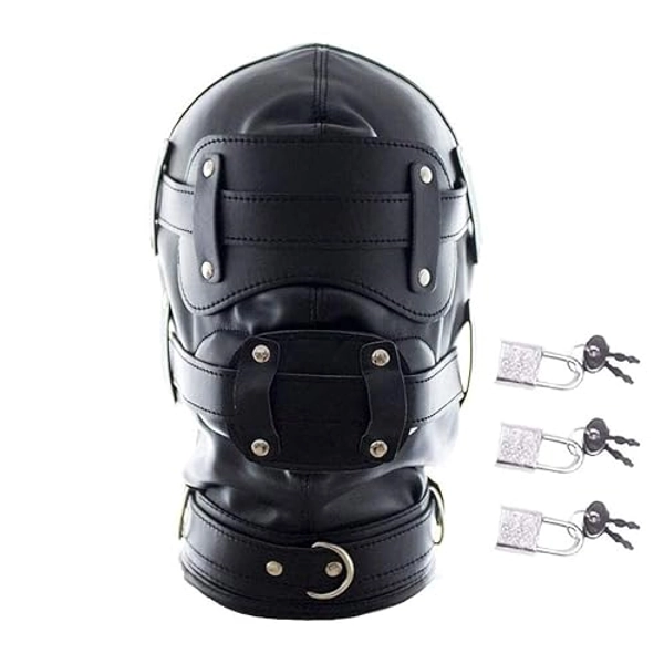 FST Black Leather Bondage Mask Hood,Full Face Blinder Detachable Cover Eye Dildo Mouth Gag Head Hood, for Unisex Adult Play, BDSM/LGBT Hood