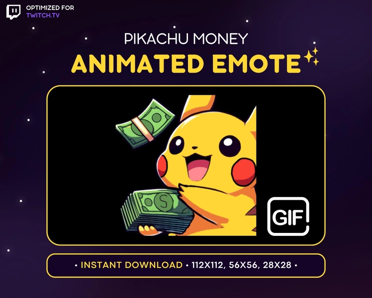 ANIMATED Pikachu Twitch Emote - Money Pikachu Pokemon Emote, Gaming, Streaming Assets, Pikachu Discord Emote, Donation, Gift, Dollar Bill