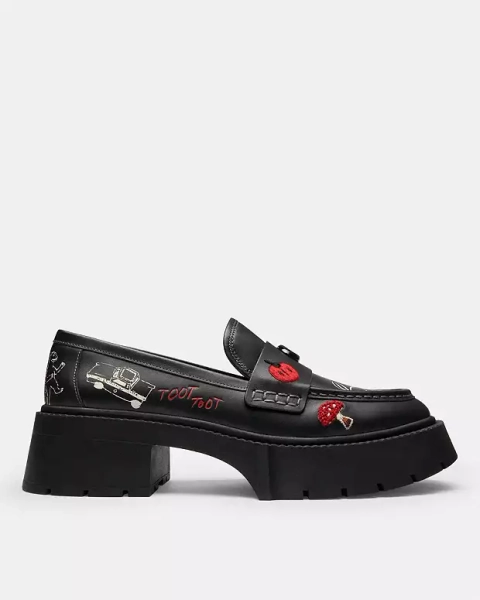 Black Leah Platform Loafer With Sketch Print