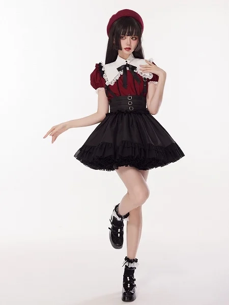 [$35.00]Three Metal Buckles Decorated High Waist Black Jirai Kei Skirt with Removable Straps