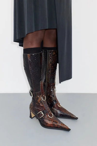 Eliya Brown Snake Buckled Tall Boots