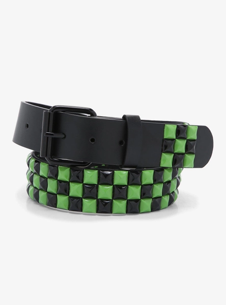 Black & Green Three Row Pyramid Stud Belt
