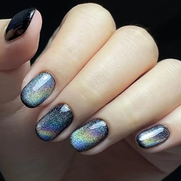 GLAMERMAID Press on Nails Extra Short Squoval, Rainbow Black Cat Eyes Spring Summer Handmade Glue on Nails, 24Pcs Glossy Round Reusable UV Finish Fake Nails Acrylic False Nails Manicure Kits for Women