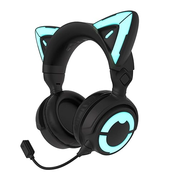 YOWU Cat Ear Headphones 4GS - 2.4G USB/Type C Gaming Headset with Microphone for PC/PS4/PS5/XBOX/Switch, Wired/Wireless Over Ear Headphones with 50mm Drivers, Customizable RGB Light/Effect - Black
