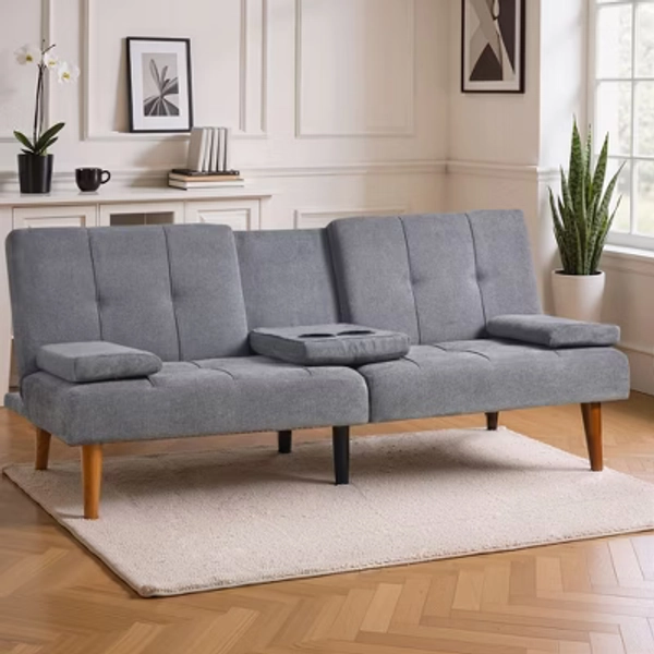 Ora Maison Modern Futon Sofa Bed, Small Fabric Couch, Convertible Futon Lounge with Cup Holder, Lightgrey