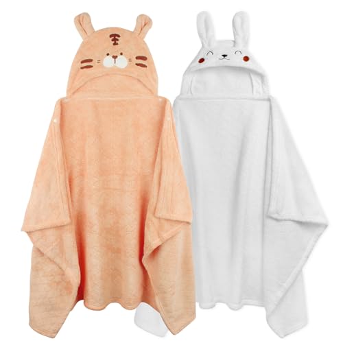 Baby Beach Towel Toddler Beach Towel Hooded Beach Towel for Kids 0-5 Years, Absorbent & Soft Kids Towels Toddler Bath Towels Large 50'' x 32'', 2-Pack Baby Towels Hooded Towels for Kids (Orange&White) - Orange&white