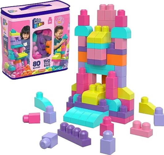 MEGA BLOKS First Builders Toddler Blocks Toys Set, Big Building Bag with 80 Pieces and Storage, Pink, Ages 1+ Years - Pink Bag