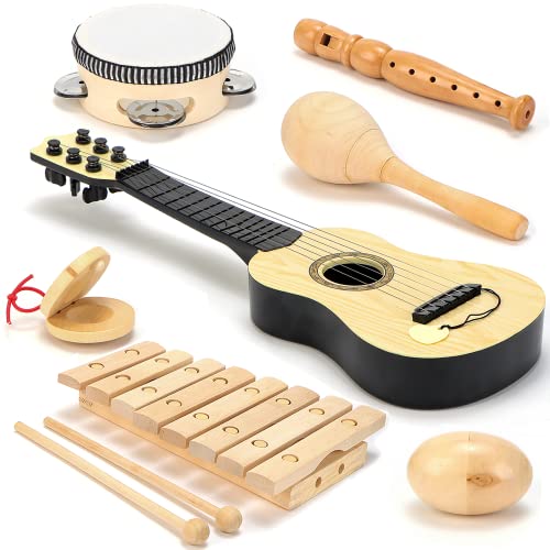 Natural Wooden Musical Instruments for Kids Band Class Preschool School Learning Kids Musical Toys for Toddlers -Toddler Music Set Maracas Guitar Xylophone Tambourine Castanet Shaker Egg Flute - Wood