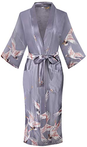 Women Long Silky Bathrobe Satin Kimono Robe - Silver Crane - Small