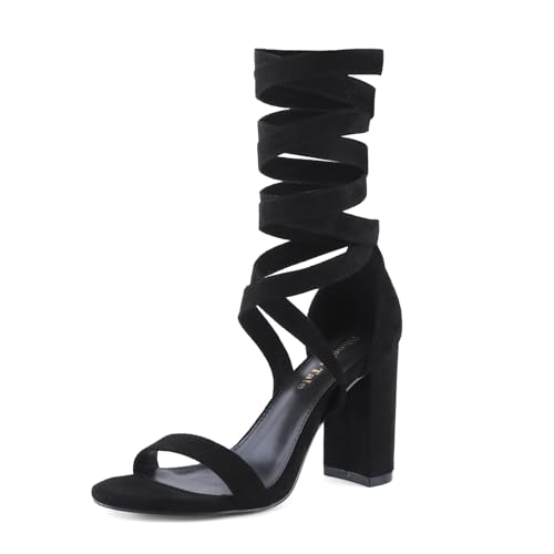 Shoe'N Tale Lace Up High Heels Tie Up Strappy Chunky Block Round Toe Heels for Women Comfortable Dressy Heeled Sandals - Black