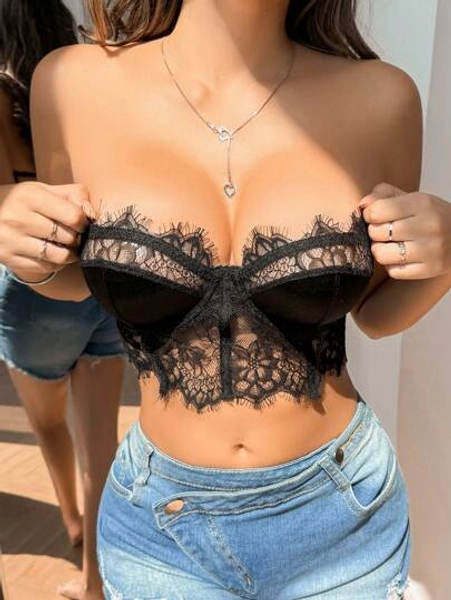 SHEIN Sostén de encaje sin tirantes y sin alambres sexy para mujer