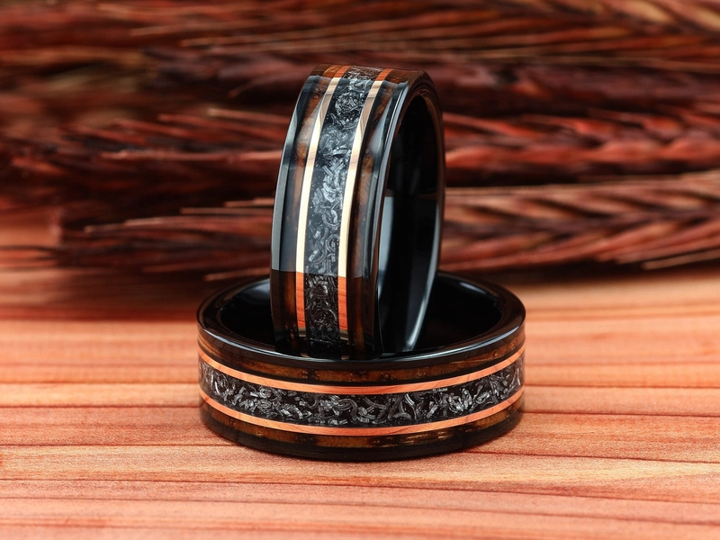 Charred Whiskey Barrel Ring with Meteorite, Meteorite Wood Ring, Whiskey Barrel Band, Meteorite Black Tungsten Mens Wedding Band, Mens Ring