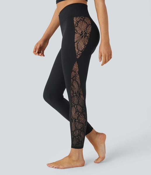 Softlyzero™ High Waisted Crossover Contrast Lace Back Pocket Yoga Leggings-UPF50+