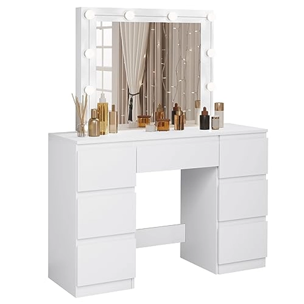 WOLTU Dressing Table with LED Lights, Adjustable Brightness, Vanity Table Makeup Desk with Large Mirror and 7 Drawers, 110 x 140.5 x 39.5 cm, White Bedroom Dresser Cosmetic Table, MB6099ws