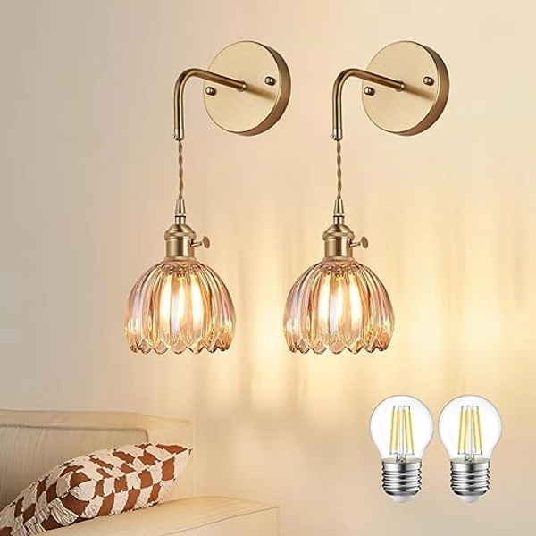 PiWWPi Vintage Wall Sconces Set of 2 with Amber Tulip Glass Shade Brass Sconces Modern Wall Lighting Fixture with Switch for Bedside Bedroom Doorway