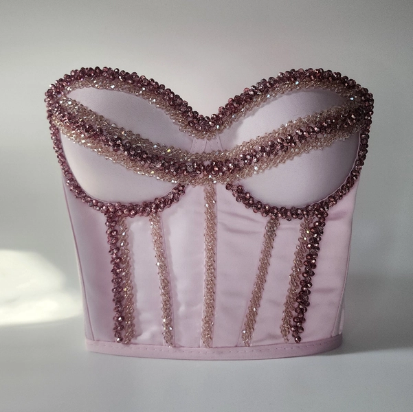 Handmade Rhinestone Crystal Embellished Pink Corset Bustier Party Top