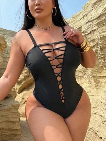 Swim SXY Plus Size Summer Holiday Beach Criss-Cross Front One-Piece Swimsuit