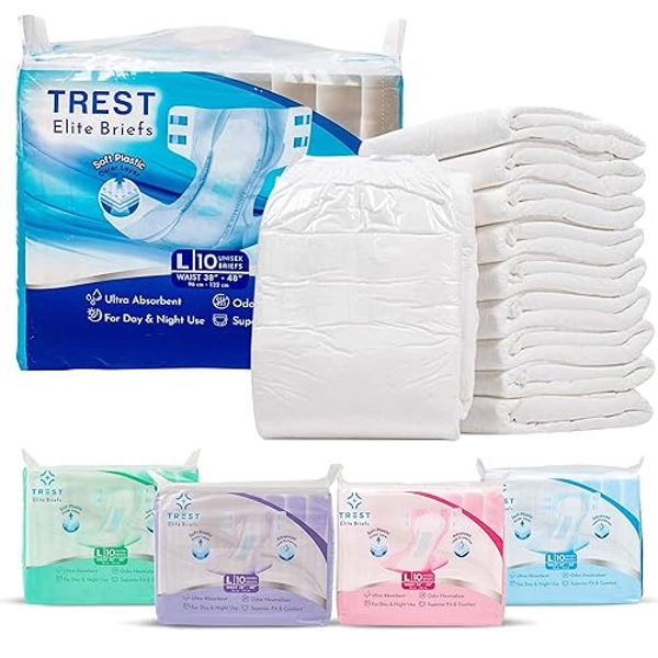 TREST Elite Briefs for Men and Women, Overnight Diapers for Incontinence, Elite Absorbency, Comfortable, Odor Neutralizing and Secure Fit with 2 Wide Tabs - White, Large (Pack of 10)