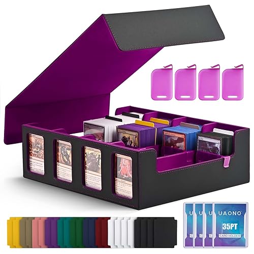 UAONO Trading Card Storage Box for Commander Display, 2400+ MTG Deck Box with 4 Toploader, TCG Card Case fits Magic PTCG Sports Cards(Black&Purple) - 2400+ - Black&purple