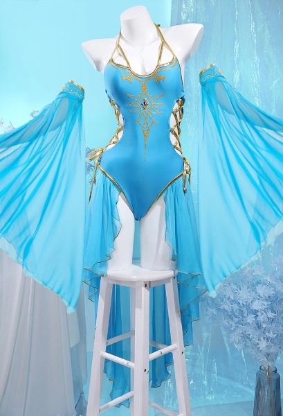 Princess Zelda Derivative One-Piece Swimsuit Halter Waist Cutout Lace-up Bathing Suit and Sleeves