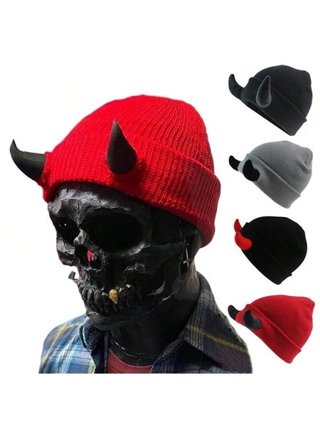 1pc Unisex Colorful Horned Beanie Hat, Cute Devil Horn Style Knitted Cap, Casual Streetwear Hats For Autumn Winter