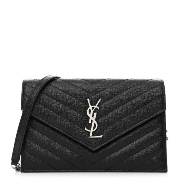 SAINT LAURENT Grain De Poudre Matelasse Chevron Monogram Envelope Chain Wallet Black | FASHIONPHILE