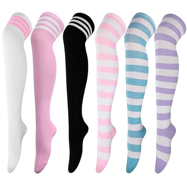 DRESHOW 6 Pairs High Thigh Socks Striped Over Knee Thin Tights Long Stocking for Women Leg Warmer