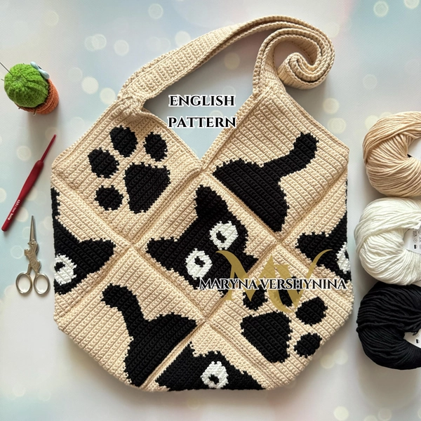Cat, paw, tail bag Crochet Pattern, Crochet Bag Pattern, Crochet Tote Bag Pattern, Crochet Black Cat Pattern, Intarsia Crochet
