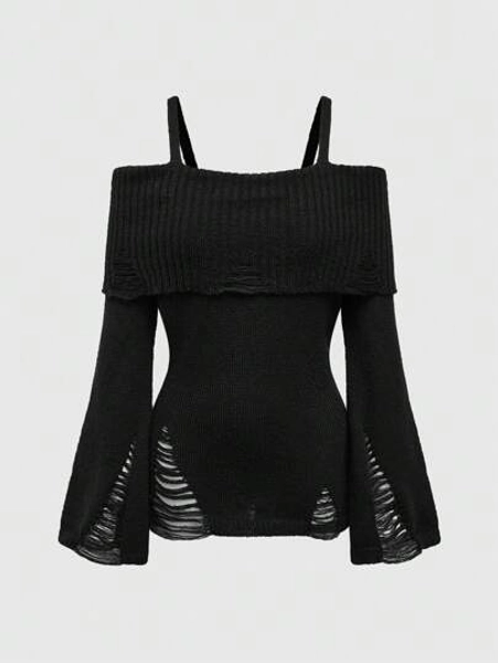 ROMWE Goth Fashionable Punk Dark Style Distressed Design Waist Wrap Exposed Shoulder Sweater