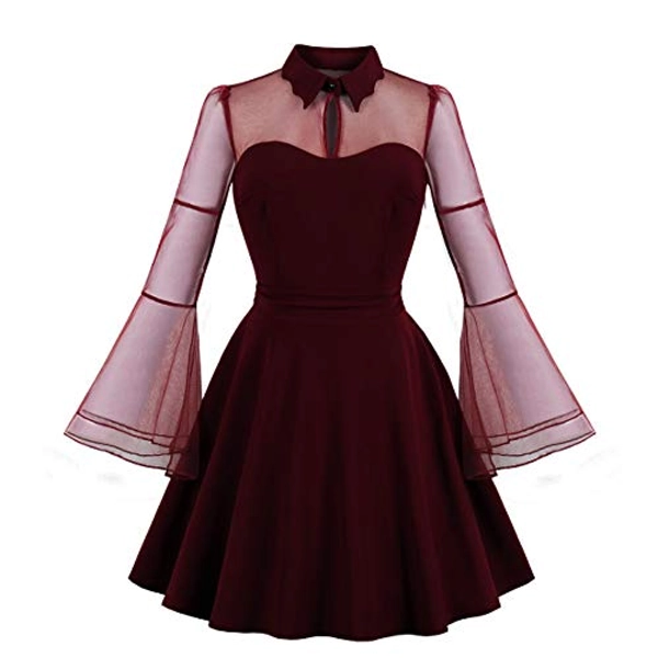 Wellwits Women's Keyhole Mesh Bell Long Sleeve Knee Swing Cocktail Dress