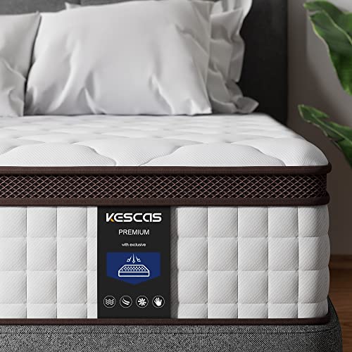 Kescas 14 Inch Memory Foam Hybrid King Mattress - Heavier Coils for Durable Support - Pocket Innersprings for Motion Isolation - Pressure Relieving - Medium Firm - Made in Century-Old Factory - White - King - 14 inch