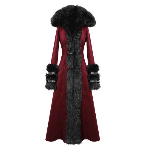 Gothic Female Long Coat with Removable Fur Collar / Thick Alternative Clothing for Women | Wine Red / XL