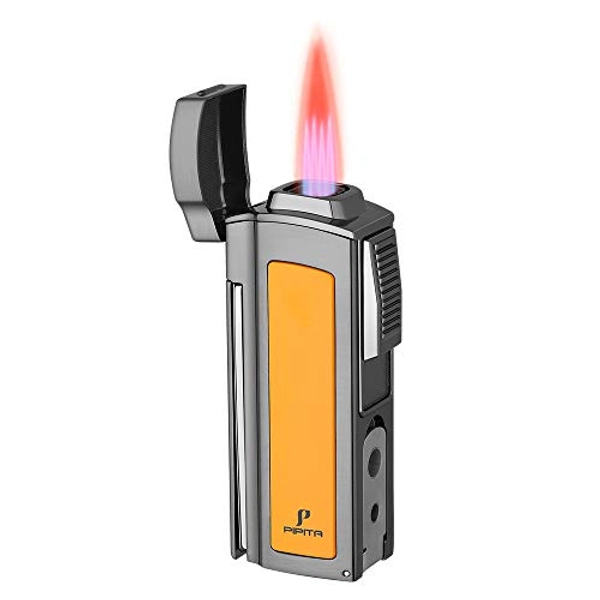 PIPITA Windproof Cigar Lighter Metal Butane gas Lighter 4 Jet Red Flame Refillable Torch Lighter with Two Punch Cutters