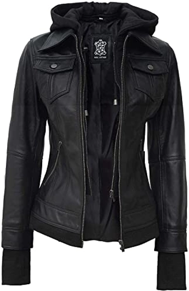 Leather Jacket For Women With Hood - Black And Brown Real Lambskin Leather Hooded Jackets For Adult