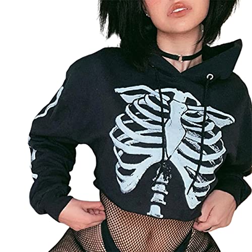 Chloefairy Women's Skeleton Print Crop Top Gothic Punk Hoodies Bandage Casual Pullover Long Sleeve Relaxed Fit Sweatshirts - Small - Black