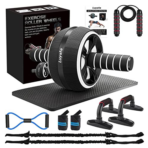Ab Roller Wheel, 10-In-1 Ab Exercise Wheels Kit with Resistance Bands, Knee Mat, Jump Rope, Push-Up Bar - Home Gym Equipment for Men Women Core Strength & Abdominal Exercise - Black