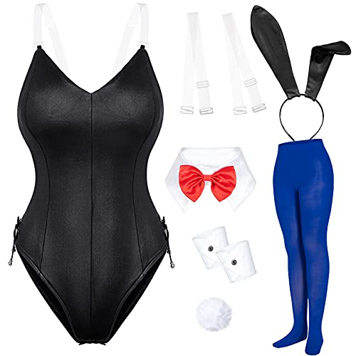 Womens Bunny Girl Suit Anime Role Costume senpai Cosplay Bodysuit One Piece stockings set（Black+Red S) - Small - Black+red