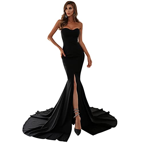 Miss ord Strapless Asymmetric Slit Front Wedding Evening Party Maxi Dress - Black - X-Small