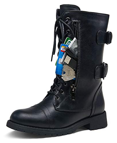 Vepose Women's 28 Mid Calf Boots Military Combat Boot with Card Knife Wallet Pocket - 9 High Combat-929-black
