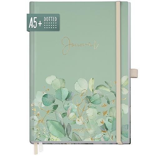 paper&you® Premium Bullet Journal dotted A5 "Minty Leaves" Notizbuch gepunktet, 188 Seiten extra dickes Papier, Tagebuch mit Punkteraster - nachhaltig & klimafreundlich
