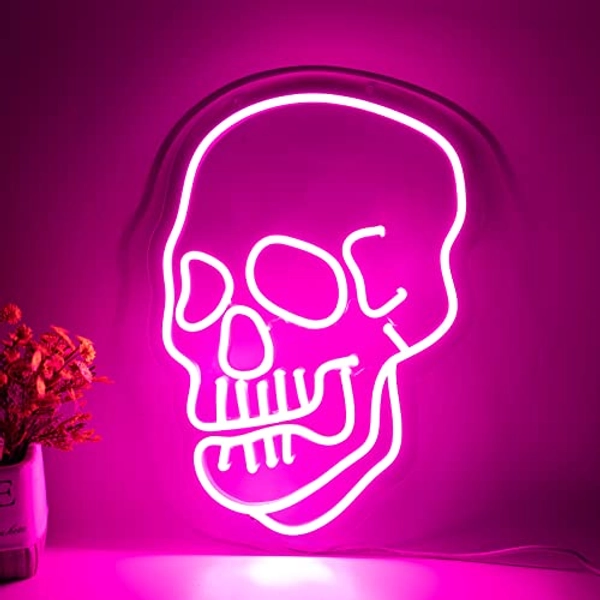 KANAYA Skull Neon Sign, Halloween Decorations Skull Neon Light Sign Hot Pink, USB and Battery Powered Skeleton Ghost Neon Sign for Bedroom Mancave Bar Shop Party, 12.8 X 8.8 Inch