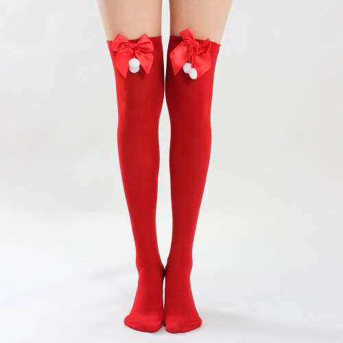 Xmas Red Bow-Thigh Highs (5 words - Red / One Size